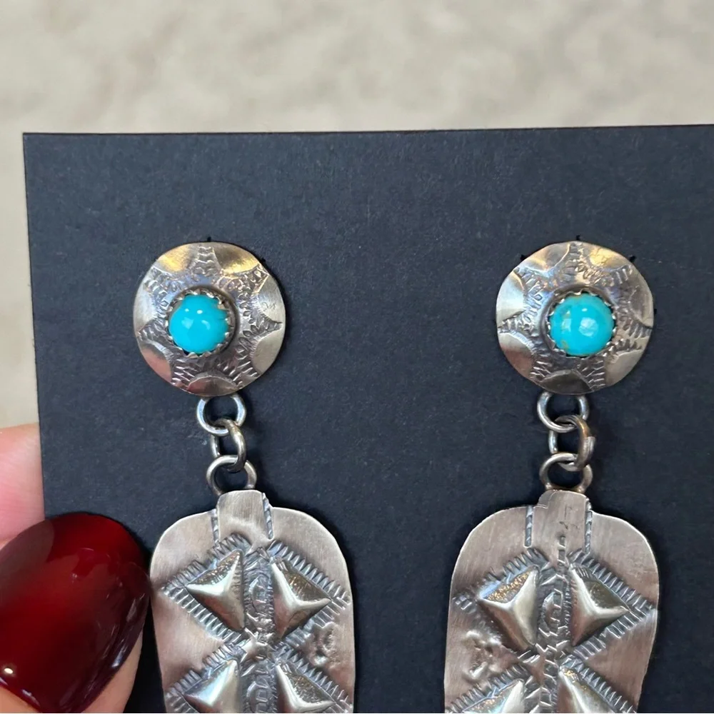 Tim Yazzie Signed Sterling Silver & Kingman Turquoise Boot Dangle Earrings